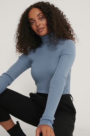 Stone Blue High Neck Rib Knit Sweater