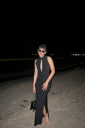 Black High Neck Side Slit Maxi Dress