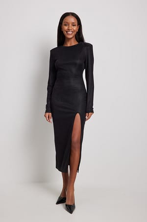 Black High Slit Glitter Midi Dress