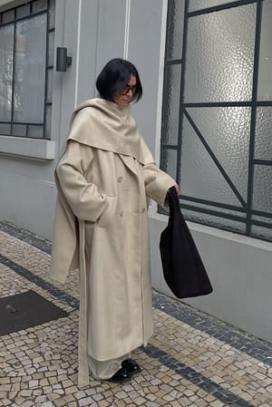 Light Yellow Wool Blend Scarf Detail Coat