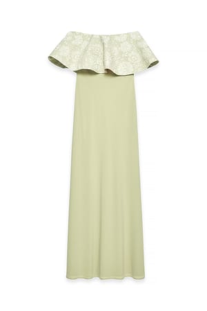 Sage Green Bandeau-maxikjole i jacquard med volumen