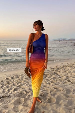 Purple Ombre One Shoulder Maxi Mesh Dress