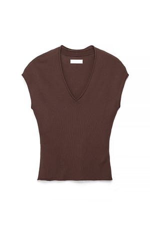 Brown Gebreide top met V-hals en korte mouwen
