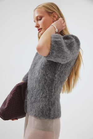 Grey Melange Strikket sweater i alpaka med korte ærmer