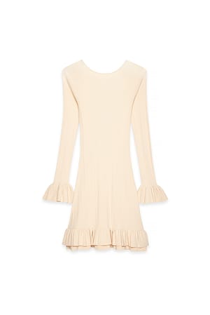 Beige Knitted Frill Detail Mini Dress
