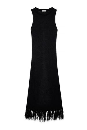 Black Strikket midikjole med frynser