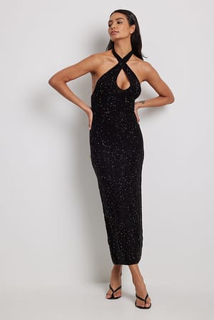 Black Gebreide maxi-jurk met halternek