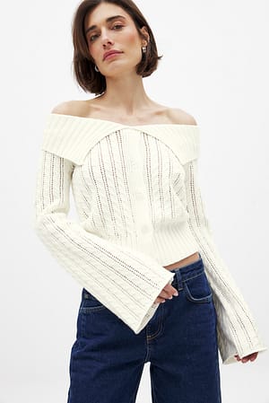 Knitted Off Shoulder Button Sweater