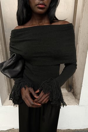 Black Knitted Off Shoulder Fringe Sweater