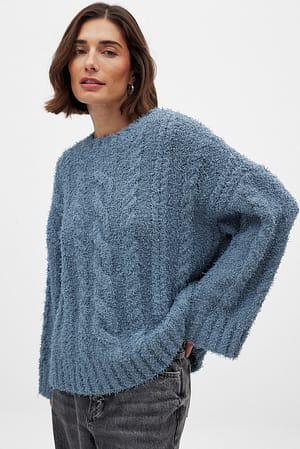 Blue Knitted Oversized Cable Sweater