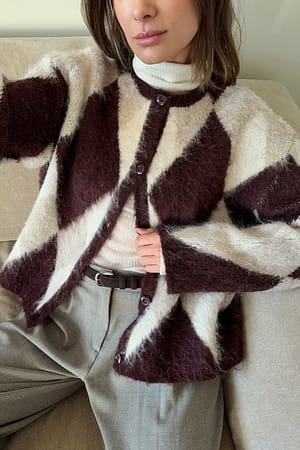 Burgundy/Pink Checks Oversize-Karocardigan aus Strickstoff