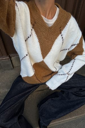 Brown Check Knitted Oversized Check Sweater