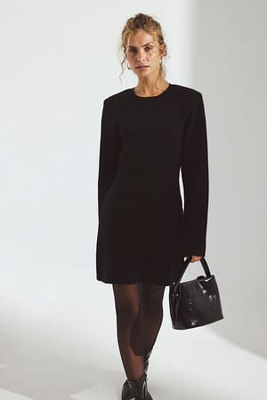 Black Knitted Padded Shoulder Mini Dress