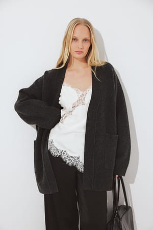 Dark Grey Melange Knitted Pocket Cardigan