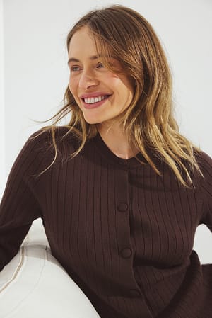 Brown Knitted Ribbed Button Top