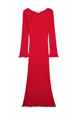 Red Knitted Round Neck Frill Maxi Dress