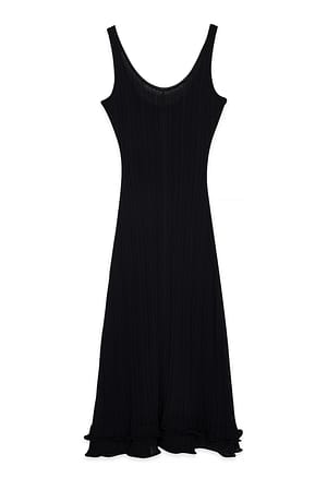 Black Knitted Scoop Neck Frill Maxi Dress