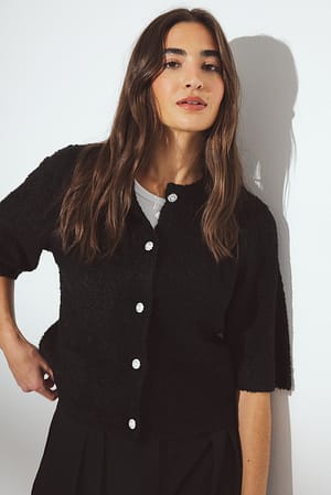 Black Knitted Short Sleeve Bouclé Cardigan