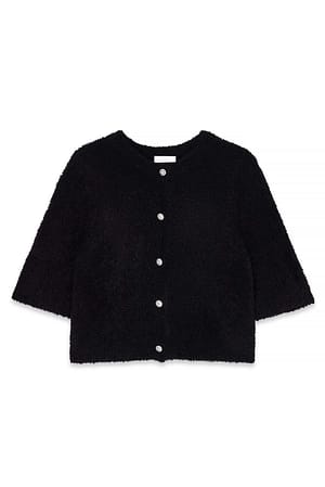 Black kurzärmeliger Bouclé-Strickcardigan