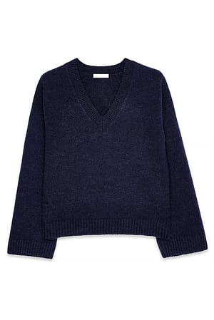 Navy Strickpullover aus Wollmischung mit V-Ausschnitt