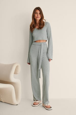 Grey Melange Ripp-Hose Mit Knotendetail