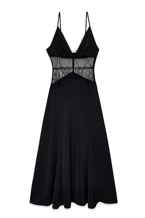 Black Lace Insert Satin Slip Dress