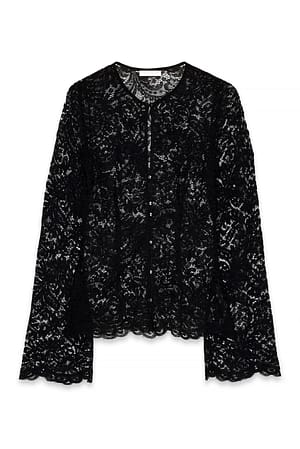 Black Bluse mit V-Ausschnitt und Spitze