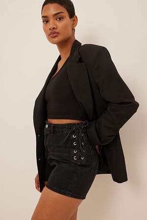 Black Lacing Denim Shorts