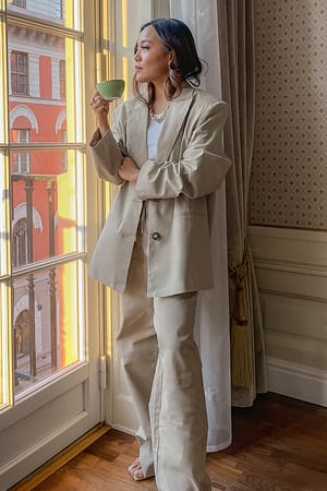 Beige Linen-Blend Oversized Blazer
