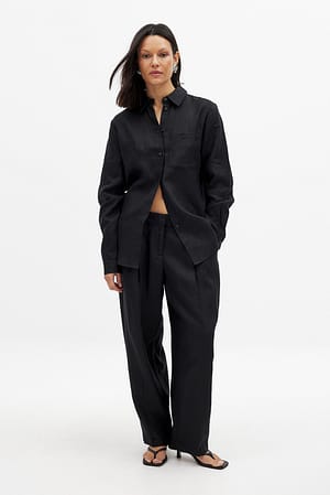 Black Tapered Linen Mid Waist Trousers