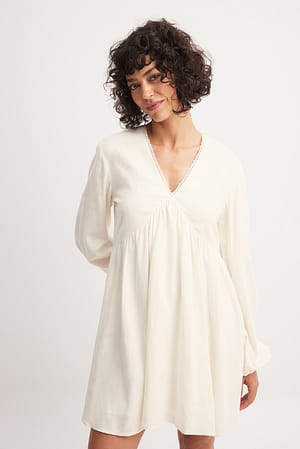 Linen Blend Lace Trim Mini Dress