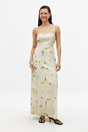 Floral Print Linen Blend Seam Detail Maxi Dress