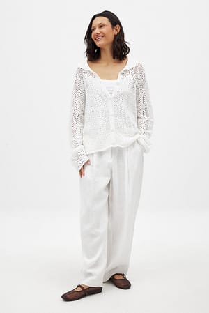 White Tapered Linen Mid Waist Trousers