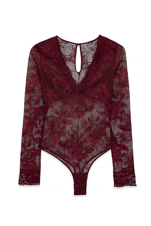 Burgundy Long Sleeve Lace Bodysuit