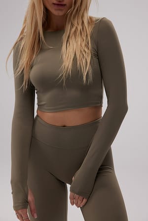 Dark Beige Long Sleeve Cropped Sports Top