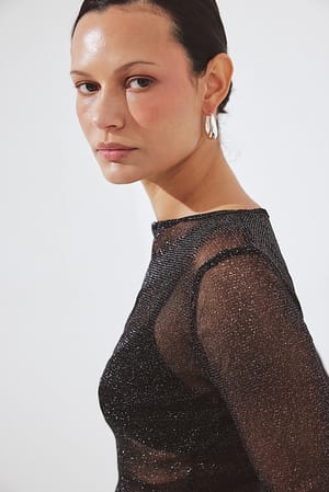 Black Glitter mesh top met lange mouwen