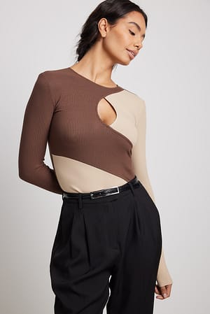 Brown/Beige Long Sleeve Keyhole Colourblock Top