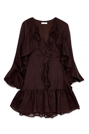 Brown Long Sleeve Ruffle Mini Dress