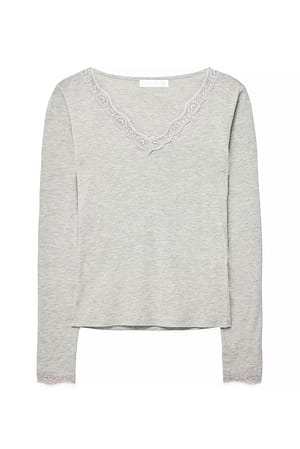 Grey Melange langärmeliges Jersey-Oberteil mit Spitzeneinsatz
