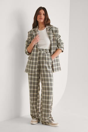 Beige Check Straight Checked Suit Pants