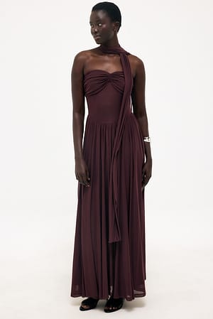 Brown Mesh Scarf Maxi Dress