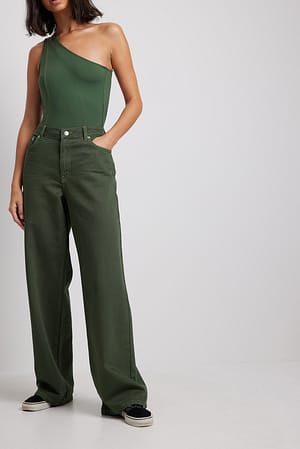 Khaki Green Mid Waist Wide Leg Denim