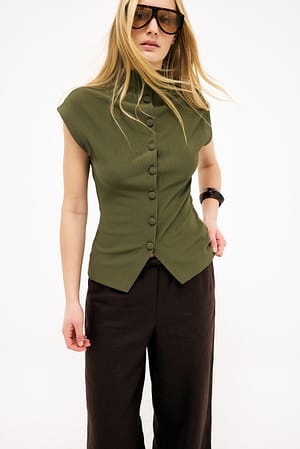Khaki Green Topp i jersey med mock-hals