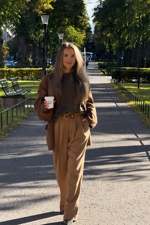 Camel Pleated Wide Leg Suit Pants