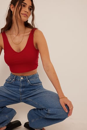 Red Organic V-Neck Rib Crop Top