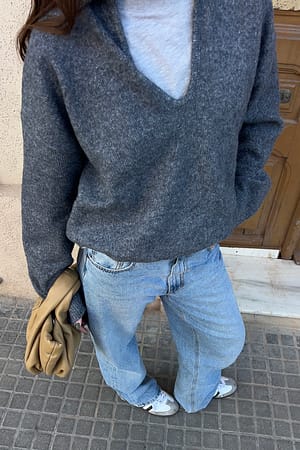Mid Greymelange Strikket sweater i overstørrelse med krave