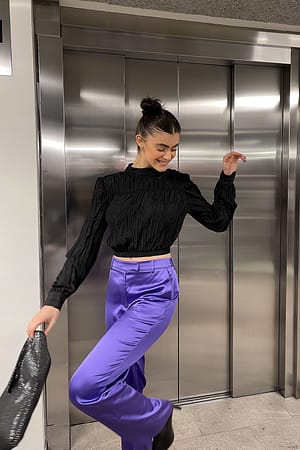 Black Gathered High Neck LS Blouse