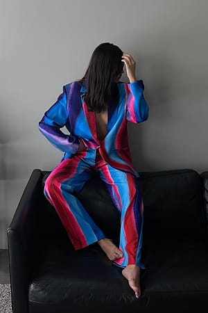 White/Blue Co Printed Mid Rise Wide Suit Pants