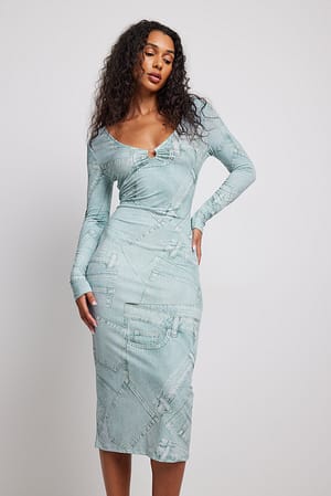 Denim Print Midi-jurk met lange mouwen en ringdetail