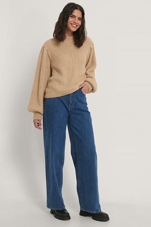 Beige Puff Sleeve Knitted Sweater